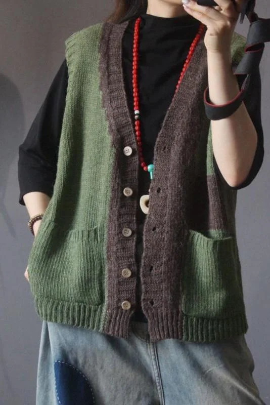 Retro Knitted Color Contrast Sleeveless Sweater Coat