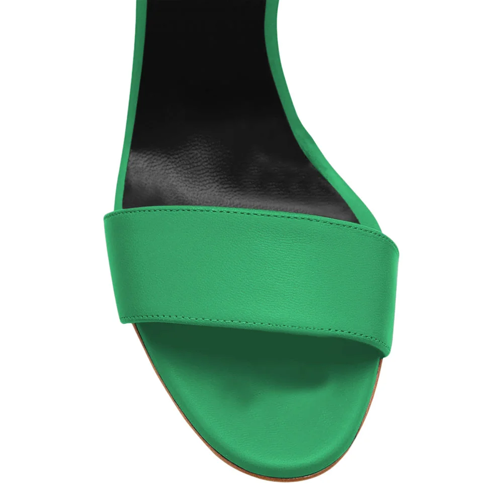 Green Vegan Leather Open Toe Flared Heel Ankle Strap Summer Sandals