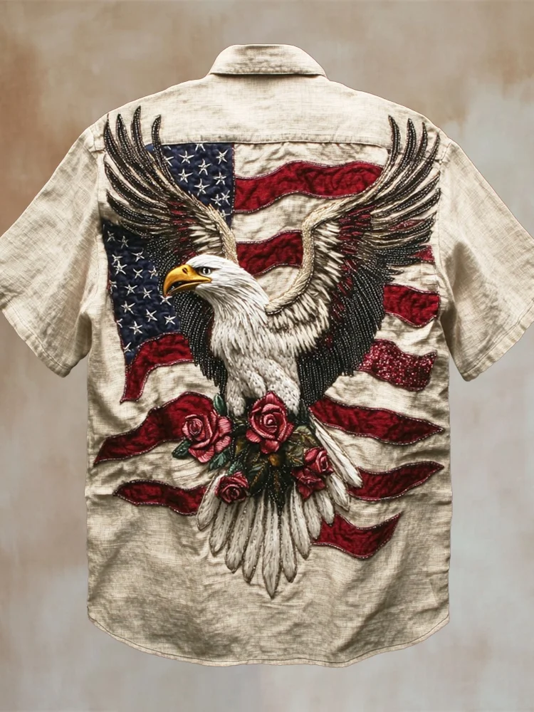 Independence Day Bald Eagle & Flag Floral Embroidered Men's Short Sleeve Shirt