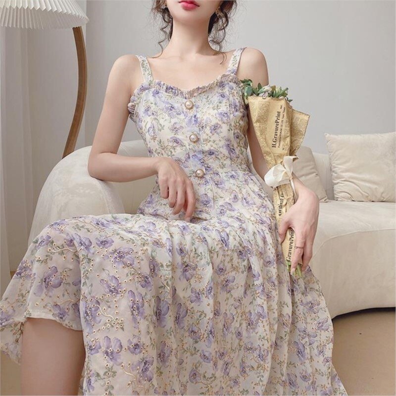 2022 Women Vintage Franch Style Female Strapless Party Dress Casual Holiday Lady Boho Vestido Summer Print Floral Dress