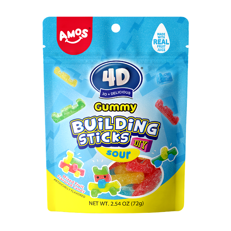 AMOS 4D Gummy Sour Candy Building Sticks (Pack of 12)