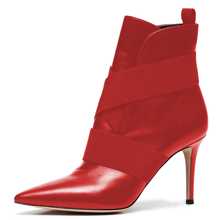 Red Elastic Straps Pointed Toe Pull-on Stiletto Heel Ankle Boots |FSJ Shoes