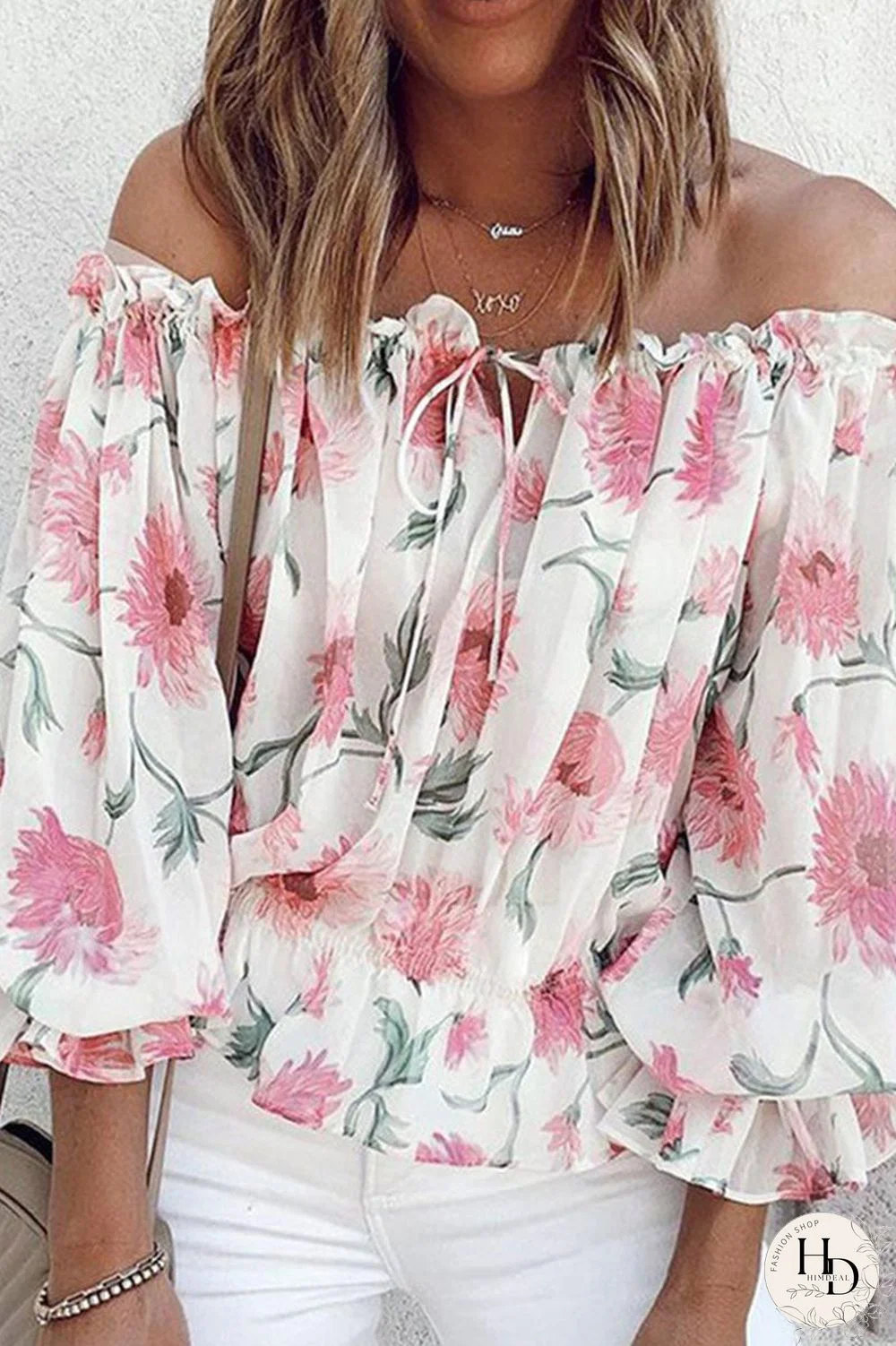 Fashion Sweet Print Split Joint Off The Shoulder Tops