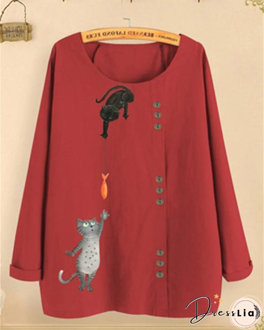 Round Neck Long Sleeve Cartoon Printed Blouses Tops