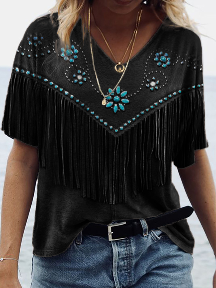 Comstylish Western Turquoise Flowers Tassels V Neck T Shirt