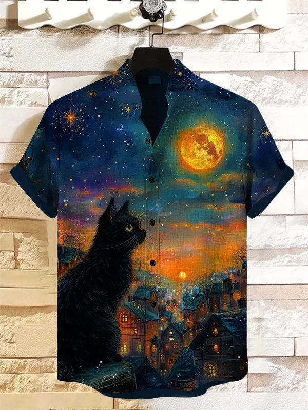 Men's Black Cat On Full Moon Night Art Print Casual Shirt