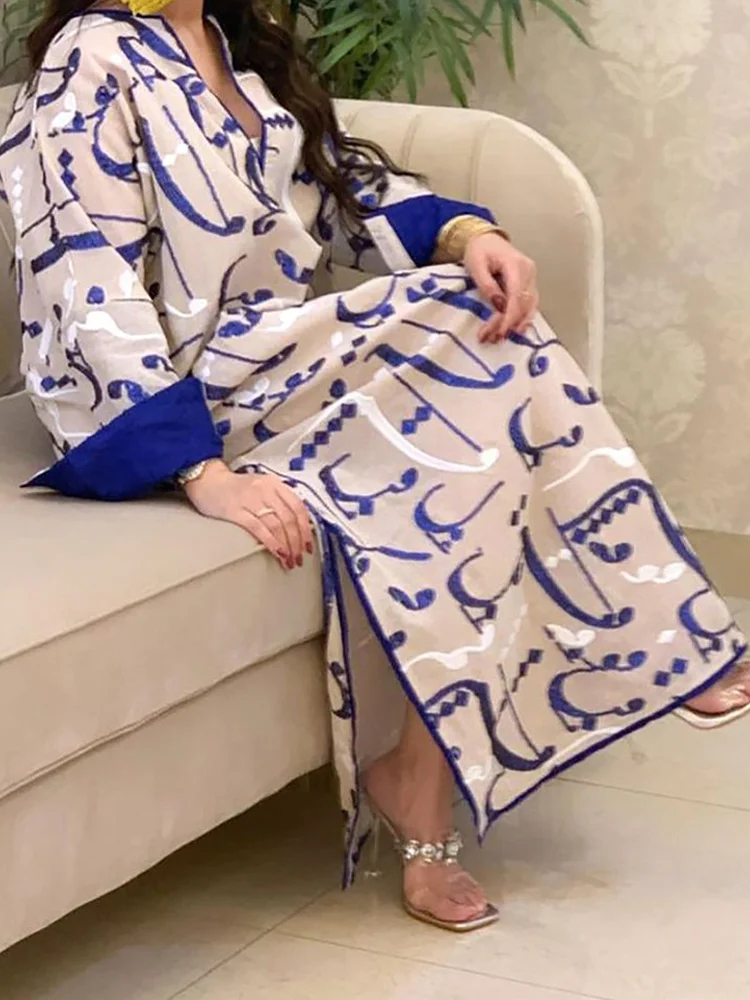 white v neck pattern Ramadan satin kaftan dress with blue cuff فساتين