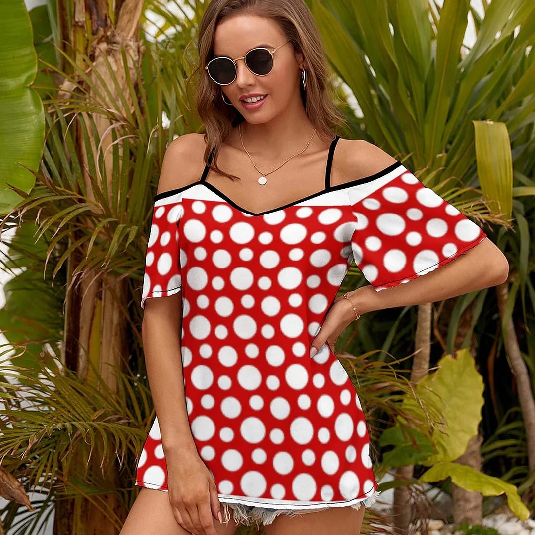 Red And White Polka Dots Casual T Shirts Short Sleeve Tunic Cold Shoulder Printing Blouse Tops