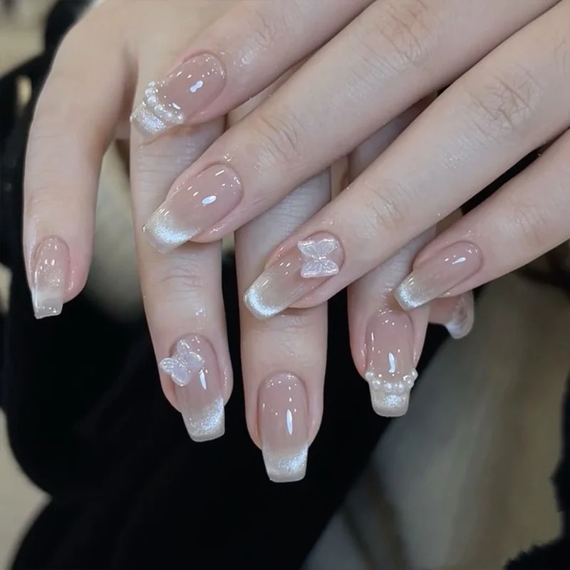 Buyerint 24pcs Wearable Pink Press on Nails – Butterfly Lovely Girl False Nails Tips with Jelly Gel Design  
