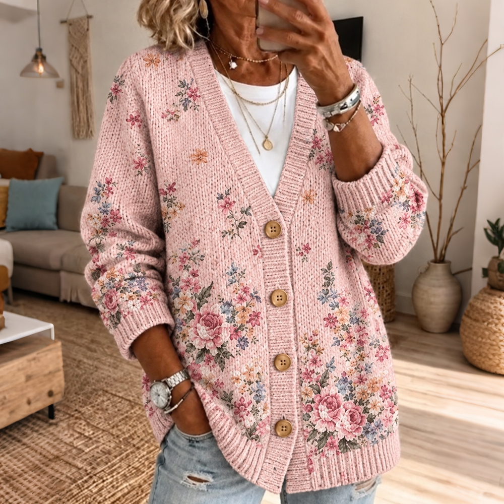 Comstylish Women's Retro Floral Pattern Art Casual Knit Cardigan