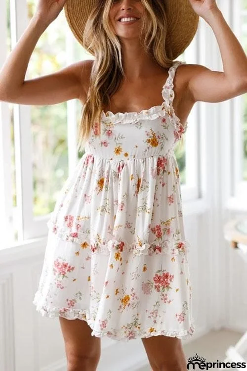 Stringy Selvedge Flower Printed Suspender Mini Dress