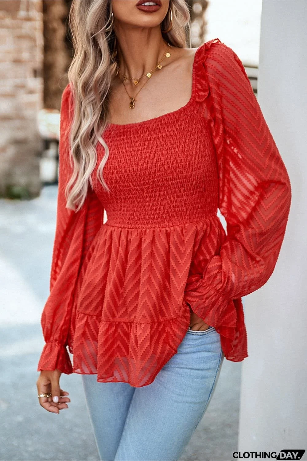 Square Neck Flounce Sleeve Peplum Top