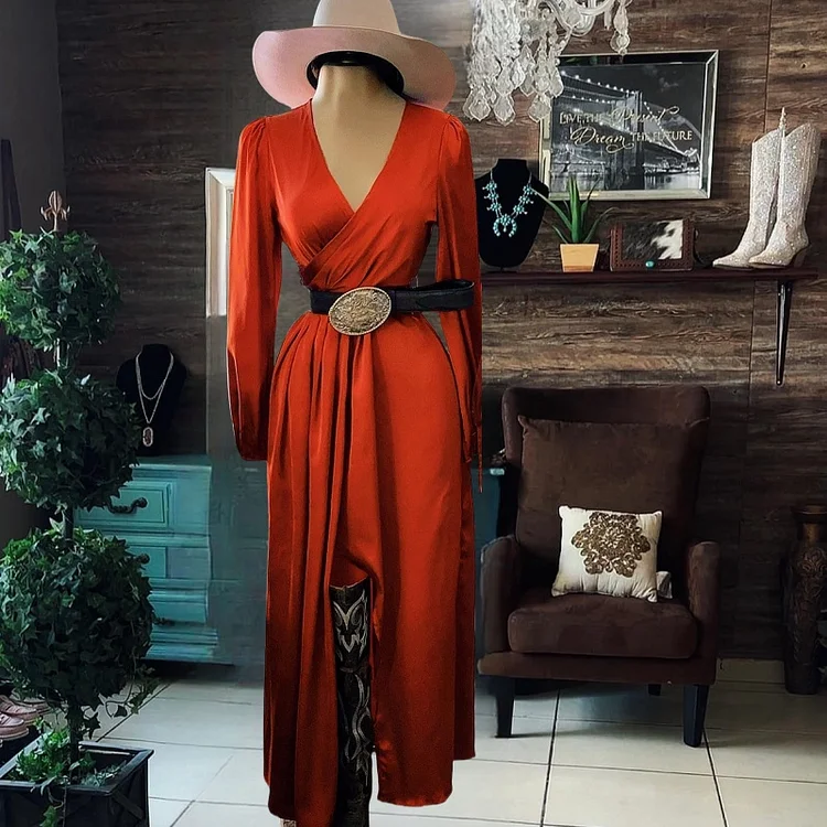 Western Slit Sleeves V Neck Long Slit Dress