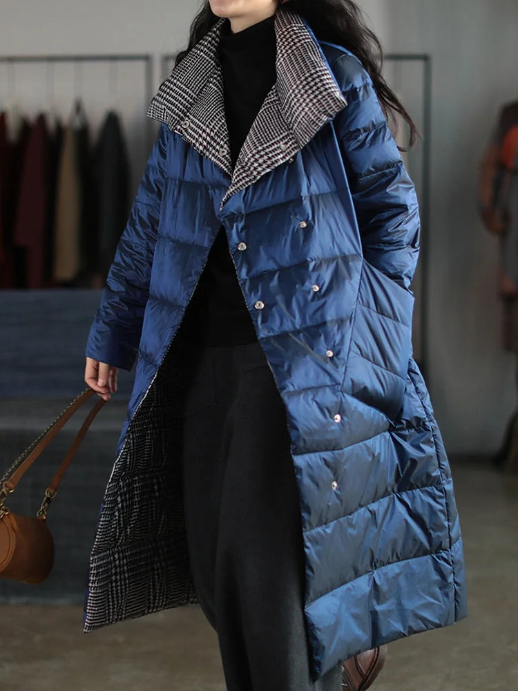 FTLZZ Winter Lapel Double Sided Down Long Jacket Women 5XL Double Breasted Warm Splicing Outwear New Loose White Duck Down Coat