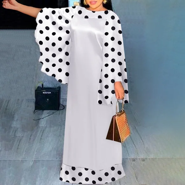 S-5XL Women Patchwork Evening Party Dress Polka Dot Print Holiday Maxi Dresses Kleid