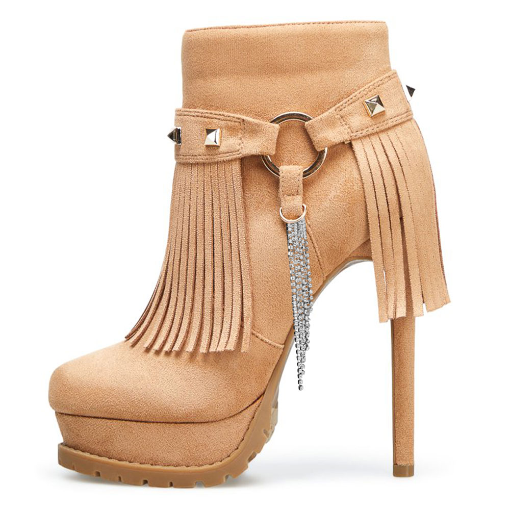 Nude Vegan Suede Fringe Rivets Strap Platform Booties with Tassels Nicepairs