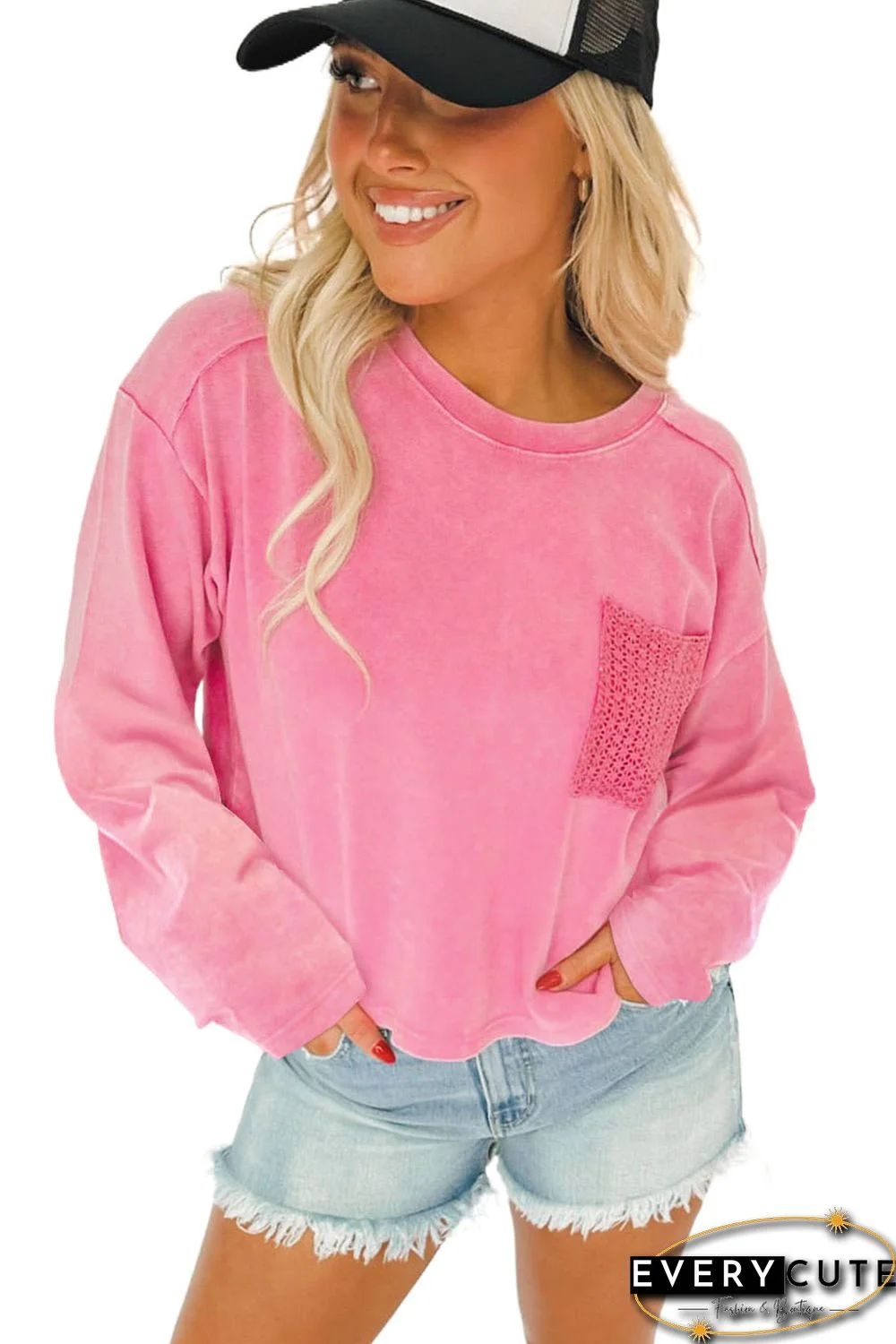 Pink Lace Patch Pocket Long Sleeve T-shirt