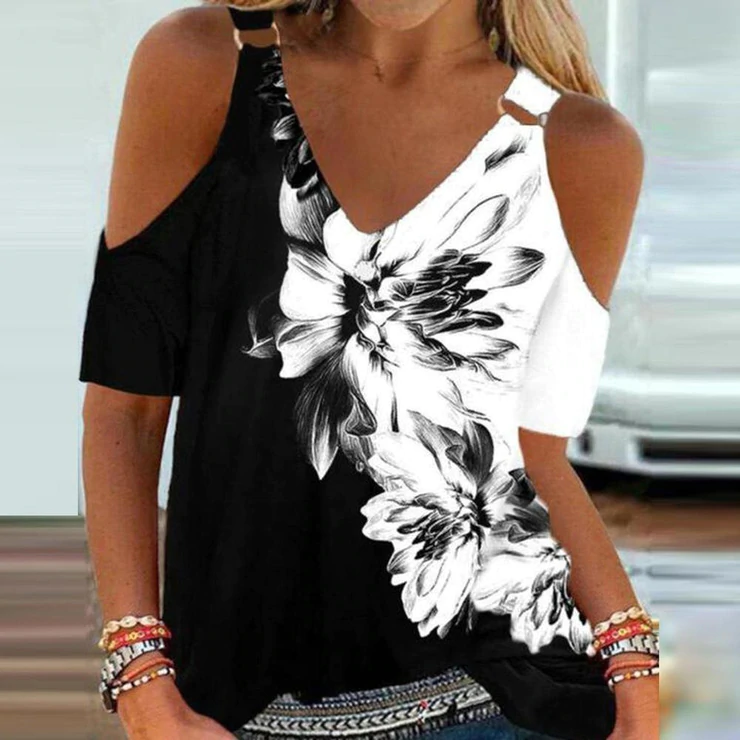 Metal Ring Black and White Flower Tunic Top