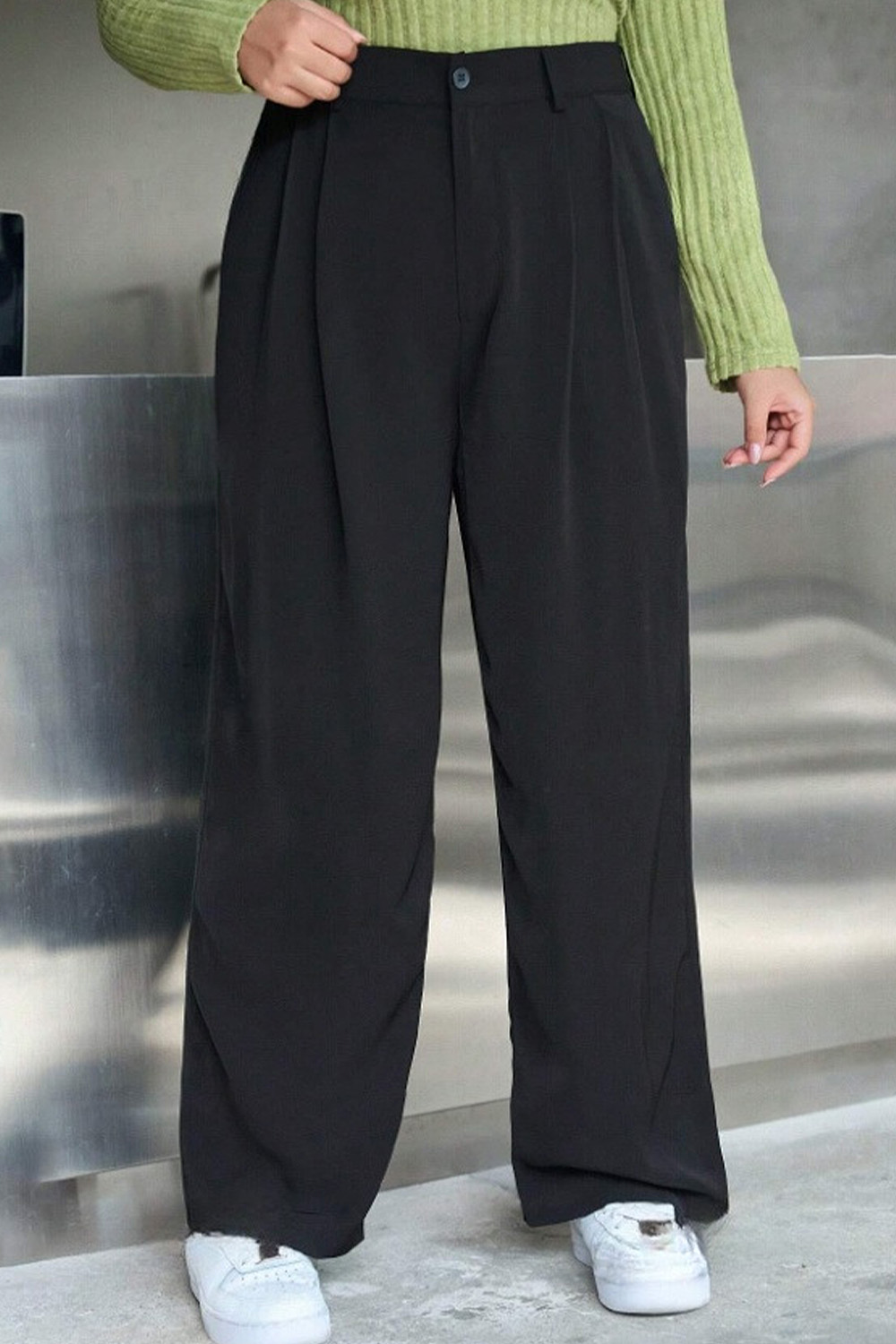 Plus Size Everyday Black High Rise Straight Leg Pleated Pants 2024 - Flycurvy 