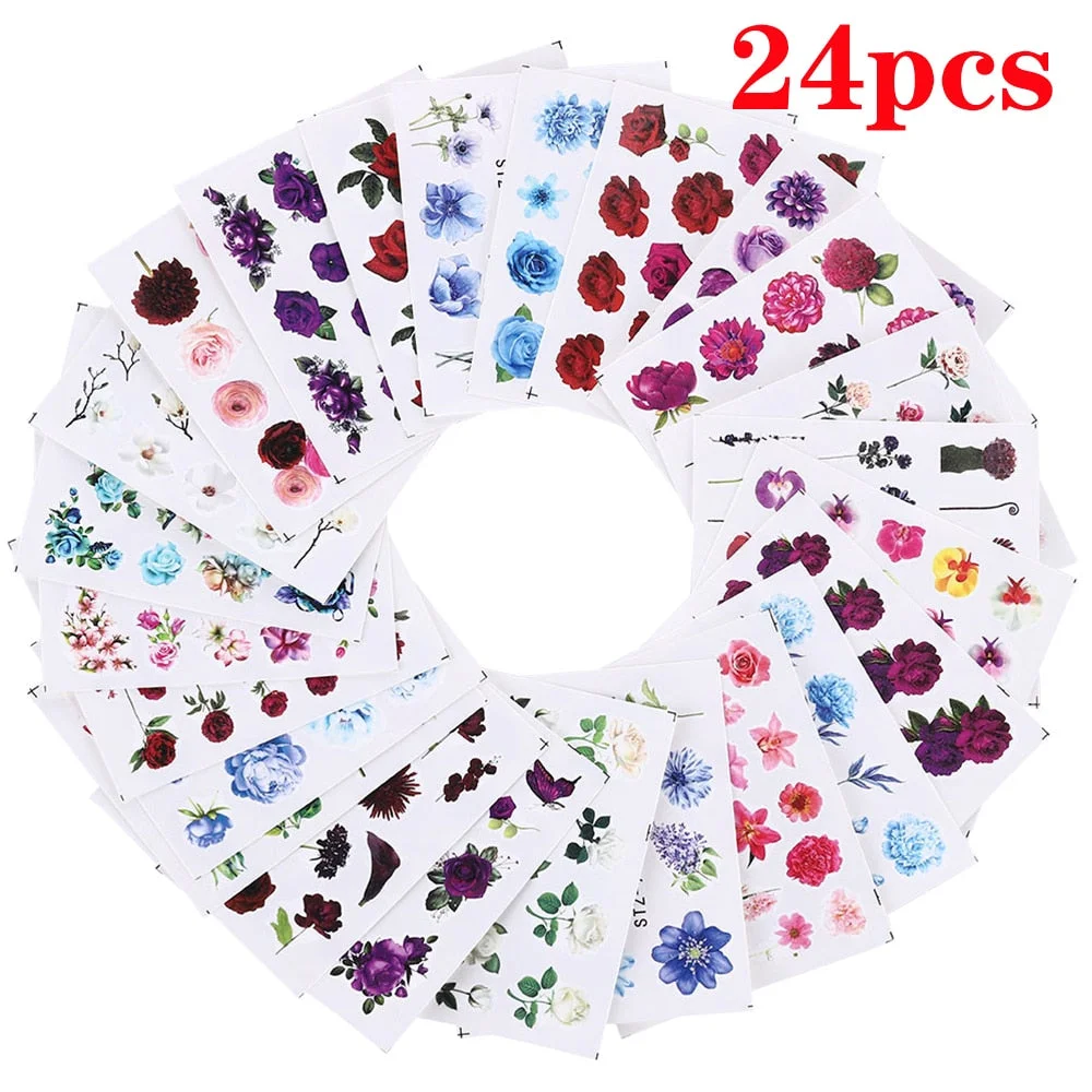 12/24/55 Pcs Classic Colourful Rose Flower Nail Art Sticker Simulation Decals Art Idea Designer Art Idea Decoration Accessories