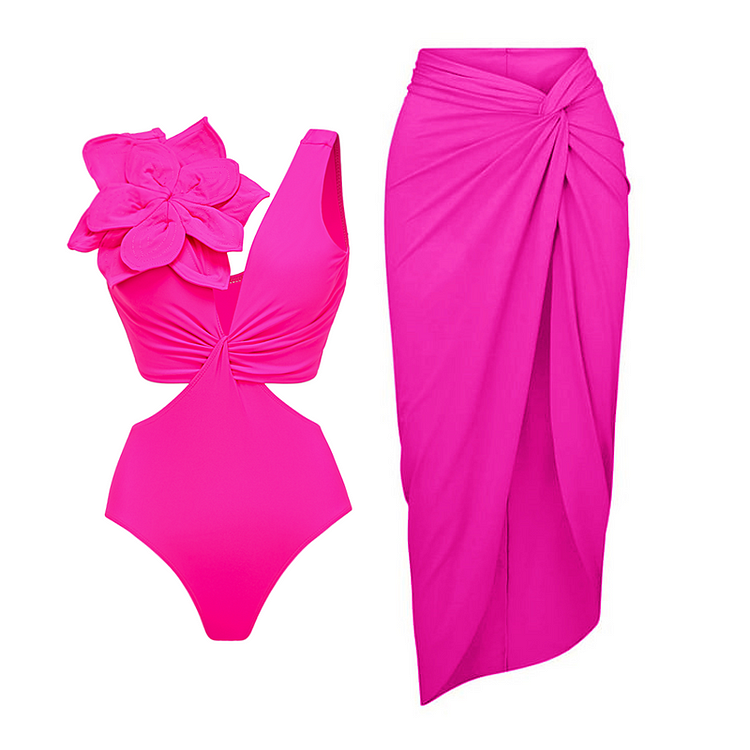 3D Flower Cutout One Piece Swimsuit and Sarong 