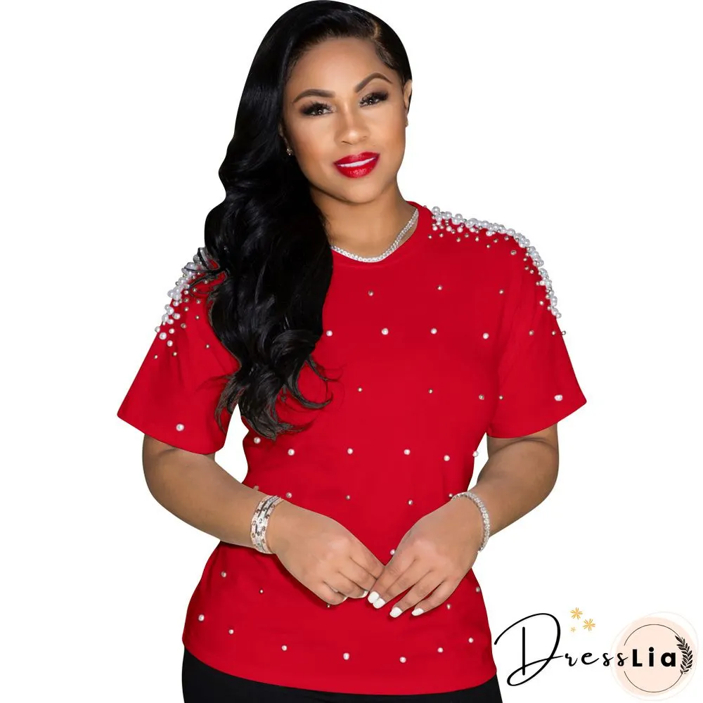 Plus Size Summer Round Neck Casual Short Sleeves Round Neck Bead Nail Decoration Women T-Shirt