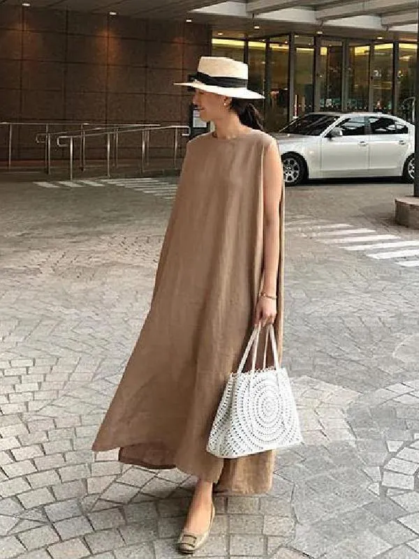Bohemian O Neck Side Open Linen Cotton Clothes Fabrics Khaki Dress