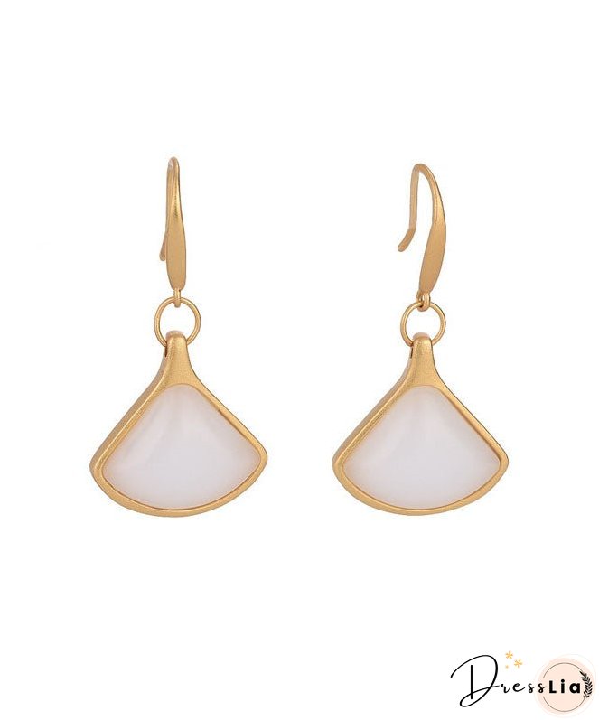 Stylish White Ancient Gold Jade Fan Shaped Drop Earrings