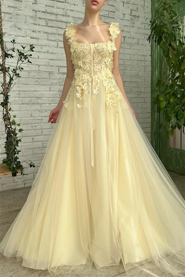Classic Daffodil Straps Long Evening Dress Tulle With Flower Appliques - lulusllly