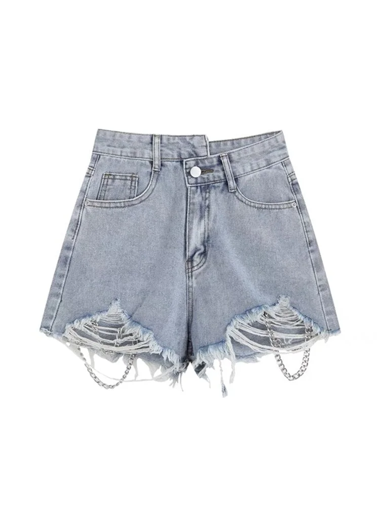 Vintage Ripped Jeans Shorts Women Belt Chain High Waist Denim Shorts Female Summer Chic Streetwear Stylish Sexy Hot Shorts Girls