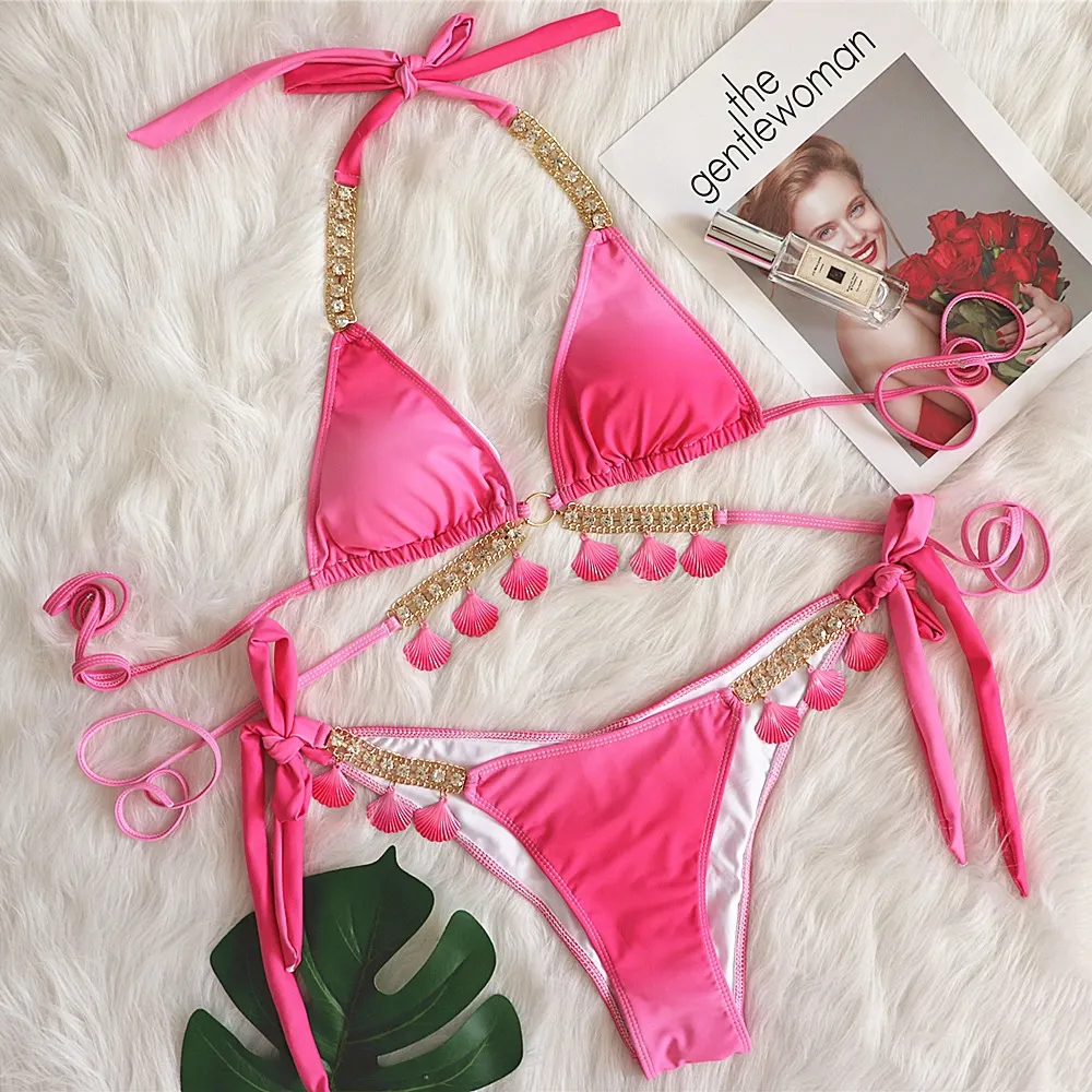 Uveng Uveng New Sexy Strap Gradient Print Women's Split Swimsuit Luxury Crystal Diamond Bikini Shell Swimsuit