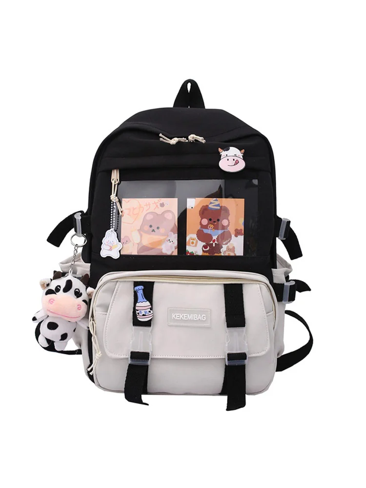 Women Cute Hit Color Backpack Student Canvas Knapsack with Pendant (Black)