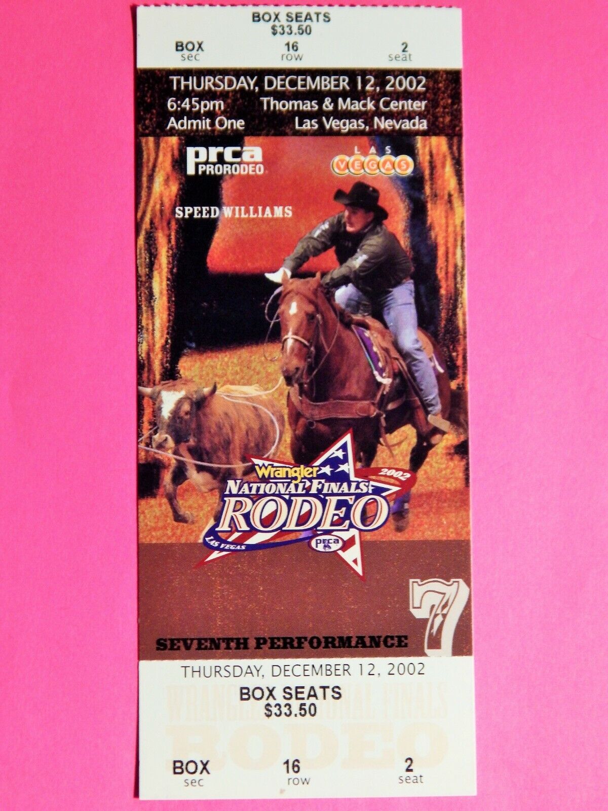 2002 NATIONAL FINALS RODEO LG ORIGINAL USED TICKET SPEED WILLIAMS COLOR Photo Poster painting