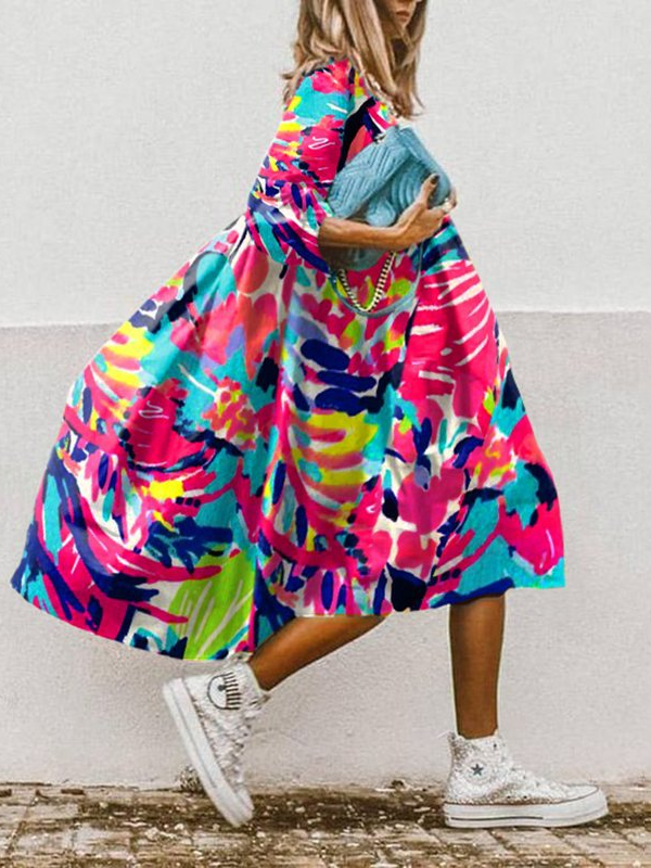 Women's Summer Mid-Sleeve Round Neck Colorful Printed Large Skirt Dress socialshop