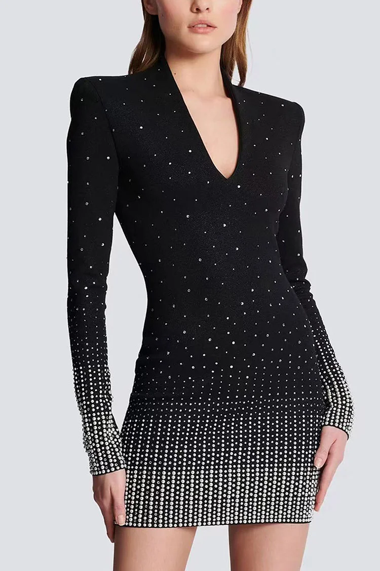Sparkly Rhinestone Embellished V Neck Mini Dress-Black