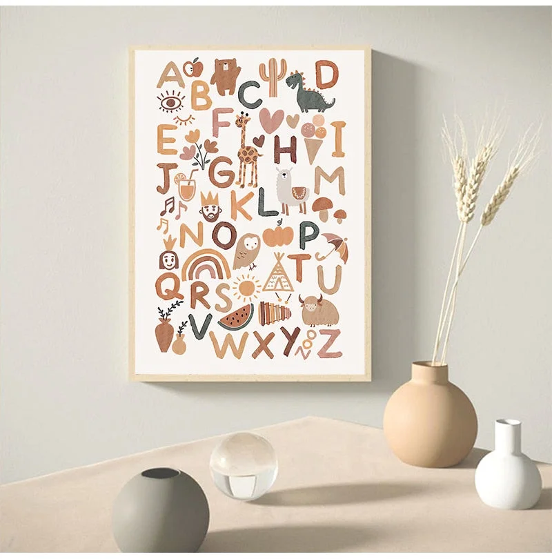 Boho Nursery ABC Alphabet Poster Wall Art Canvas Painting Print Playroom Pictures New Baby Girls Gift Kids Room Home Decoration