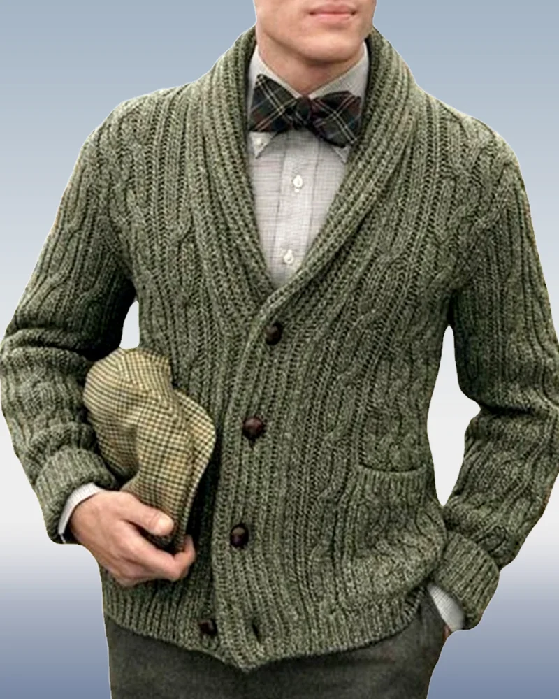 Men's Green Lapel Long Sleeve Jacquard Sweater