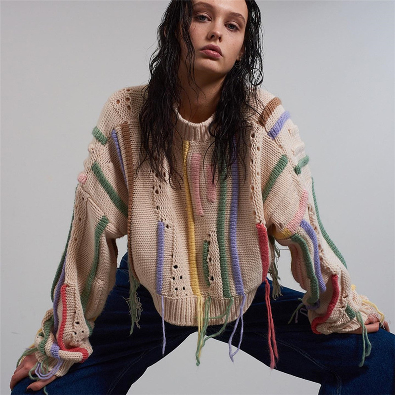 Women Clothing Autumn Winter Street Shooting Knitwear Color Matching Tassel Wild Casual Sweater - Ootddress