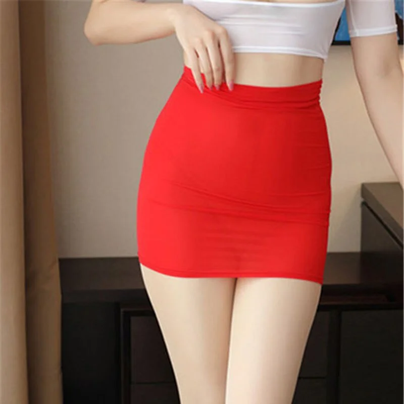 High Cut Tight Pencil Cute Skirt Ice Silk Smooth See Through Micro Mini Skirt Transparent Night Club Skirt High Waist