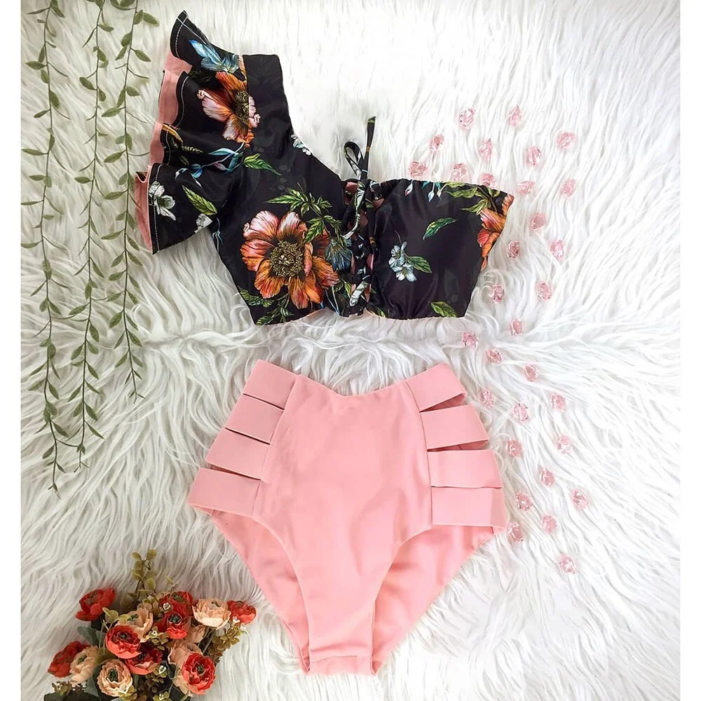 Two-Pieces Women Floral 2022 Push-Up Padded Bra Ruffles Bandage Bikini Set Swimsuit Swimwear Bathing Suit Beachwear Biquini