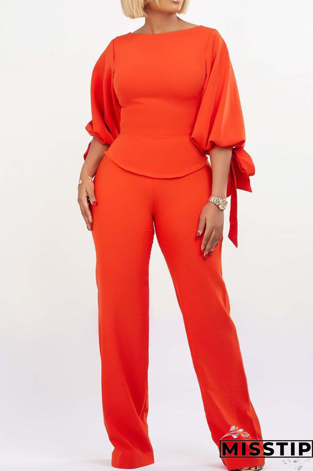 Orange Pink Casual Elegant Solid Bandage Patchwork O Neck Three Quarter Two Pieces