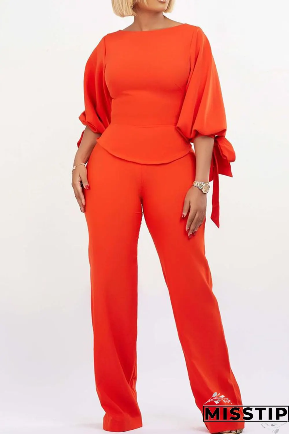 Orange Pink Casual Elegant Solid Bandage Patchwork O Neck Three Quarter Two Pieces