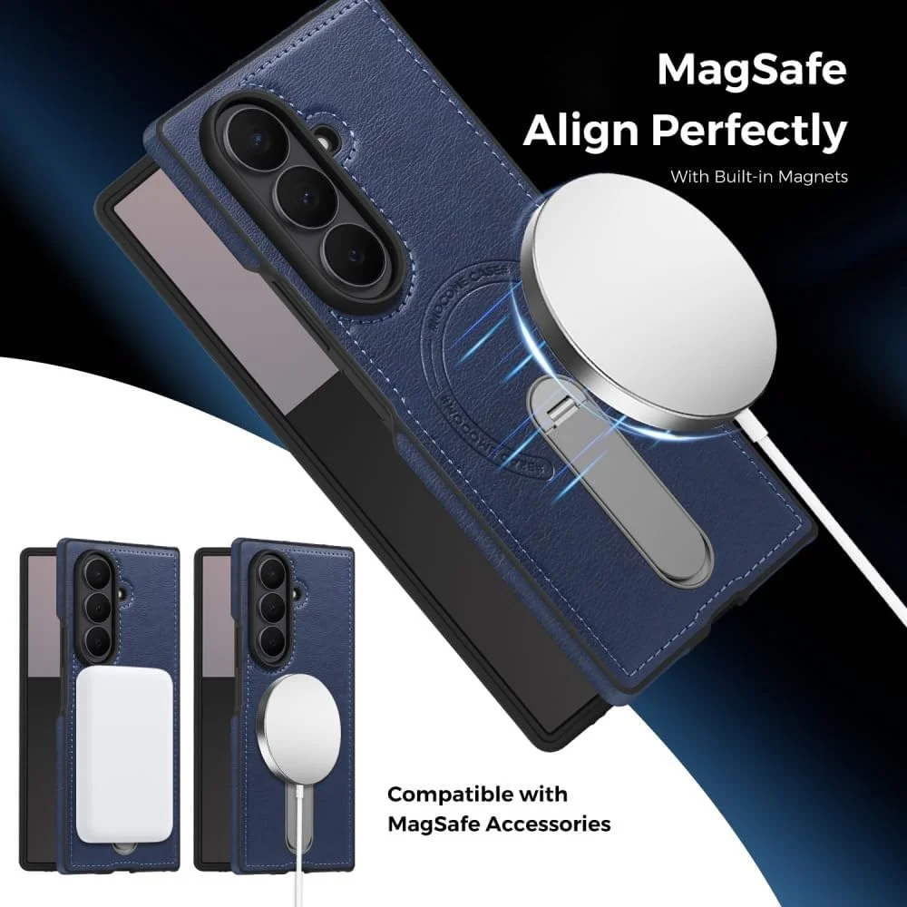 360 Rotae Kickstand Leather Case for Samsung Galaxy Z Fold 7 6 5 4 3 5G Magnetic Heavy Duty Cover, Military Shockproof Cases 