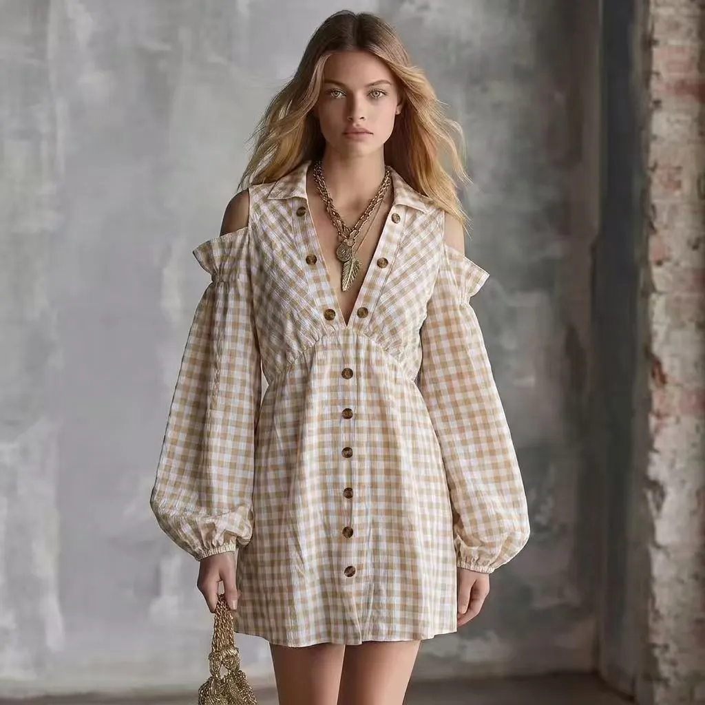 Women's Gingham Cold Shoulder Long Puff Sleeve Button Down Mini Shirt Dress