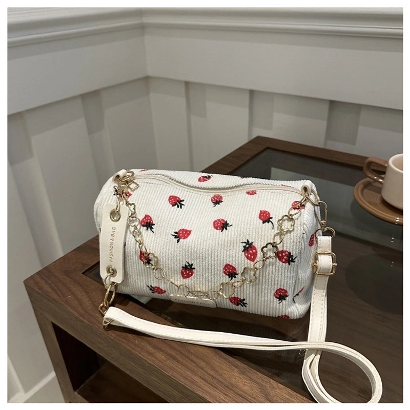 Women’s Medium Special Strawberry Basic Classic Style Cylindrical Zipper Pillow Shape Bag