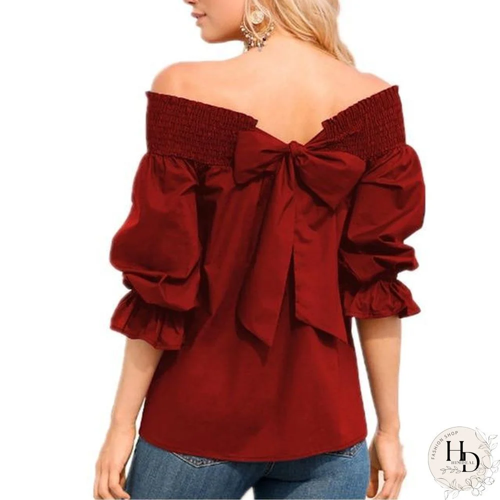 Women Sexy Off Shoulder Strapless Bowknot Slash Neck Shirts Casual Loose Plus Size Blouse Tops