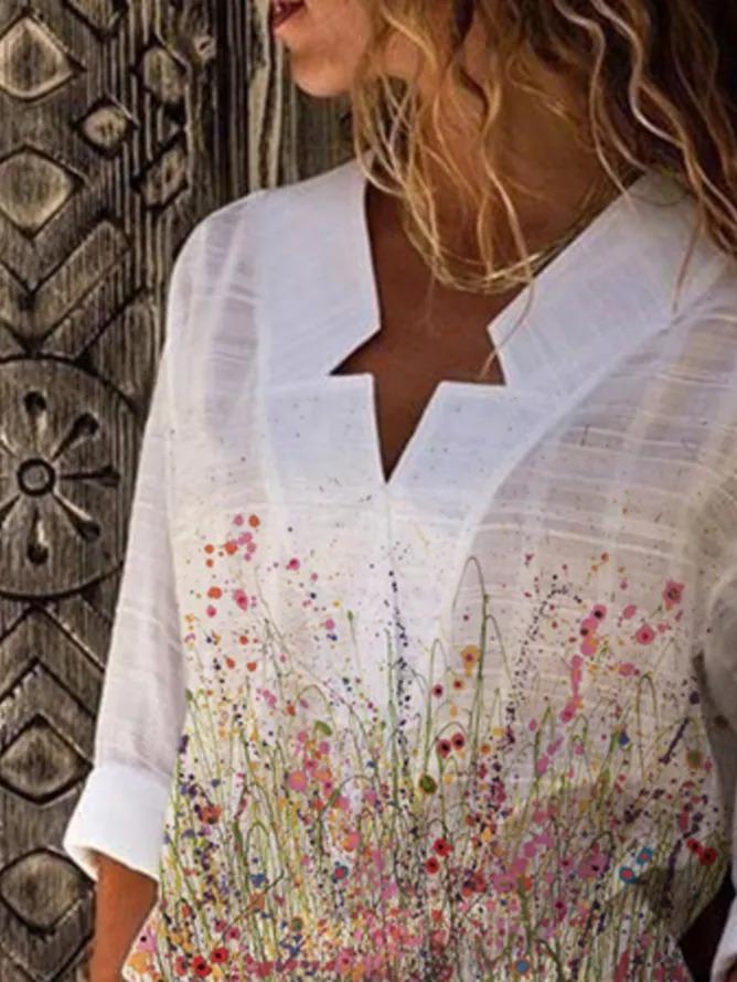 Long Sleeve Floral-Print V Neck Casual Shirts & Tops