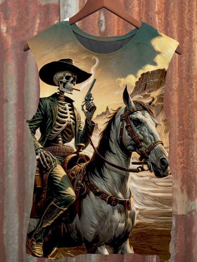 Unisex Vintage Skeleton Cowboy Art Print Casual Vest