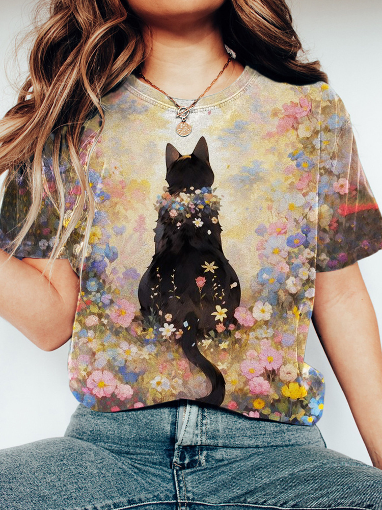 Comstylish Colorful Floral Cat Watercolor Print Short Sleeve T-Shirt