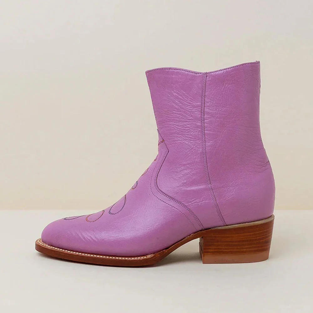 Orchid Purple Mid Block Heel Stitching Western Boots for Women